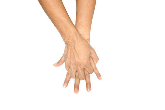 left and right adult naked  hand  doing CPR  on white background isolated