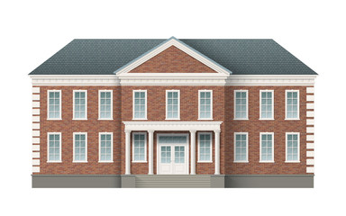 Front view of brick administrative governmental building with grey roof. Traditional classic architecture of building with beautiful entrance and columns.