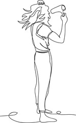 the girl dries her hair with a Hairdryer. one line