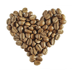roasted coffee beans lay out in the shape of a heart, view from above, isolated