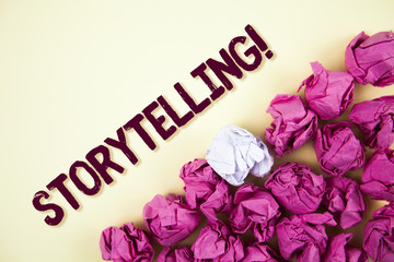 Text sign showing Storytelling Motivational Call. Conceptual photo Tell short Stories Personal Experiences written on Plain background Crumpled Paper Balls next to it.