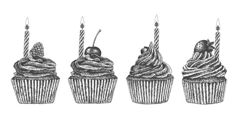 Hand drawn fruit cupcakes with candle. Birthday cupcakes.