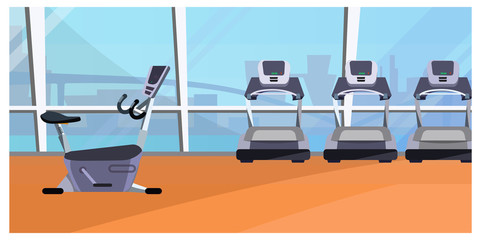 Cardio area vector illustration. Gym, treadmill, exercise bike, panoramic window. Sport concept. Can be used for topics like fitness, workout equipment, active lifestyle