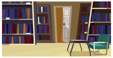 Fototapeta na wymiar Home library with bookcases vector illustration. Modern room with comfortable chair and glassy table. Apartment illustration