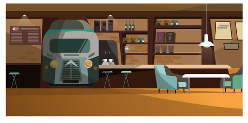 Loft cafe with unique design vector illustration. Train front view in wall with bar shelves. Comfortable chairs at coffee table. Pub interior illustration