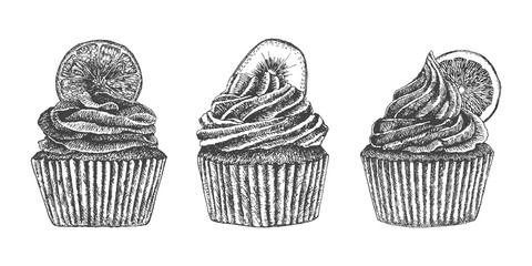 Hand drawn fruit cupcakes.