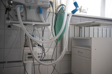 artificial lung ventilation unit in the medical ward. concept of pandemic, coronavirus, virus, disinfection, panic.