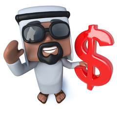 3d Funny cartoon Arab sheik holding a US Dollar currency symbol
