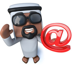 3d Funny cartoon Arab sheik holding an email address symbol
