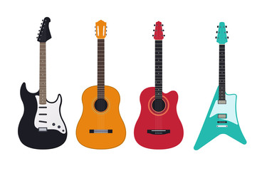 Guitar set, acoustic, classical, electric guitar, electro-acoustic. Stringed musical instruments.