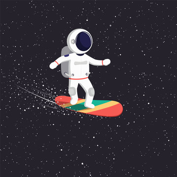 Astronaut rides on flying board on universe. Cosmic path spaceman through the universe.