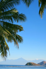 Tropical island view: ocean, mountains and blue sky in palm leaves frame. Sumbawa island, Indonesia