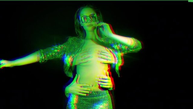 beautiful woman dancing in silver top with four other hands on her body. unusual fun idea for events, fashion and parties