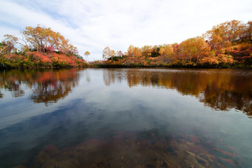 Fototapeta na wymiar red leaf valley and lake