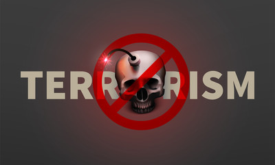 Stock vector illustration stop terrorism poster, banner. Realistic bomb human skull. A suicide bomber. Terrorism - A Threat to World Peace concept. EPS10
