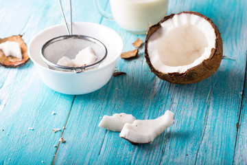 Coconut milk fresh wooden art background
