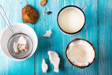 Coconut milk fresh wooden art background
