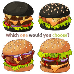 Group of vector colorful illustrations on the fast food theme; set of different kinds of burgers and black burgers. Pictures contain realistic shadows and glare.