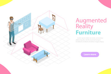 Flat isometric vector concept of augmented reality, virtual furniture.