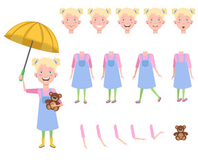 Happy little girl with teddy bear under umbrella character set with different poses, emotions, gestures. Parts of body, toy bear. Can be used for topics like weather, childhood, kid
