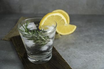 Alcoholic drink gin tonic cocktail with lemon, rosemary and ice