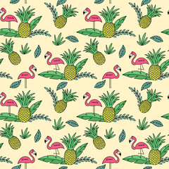 Pineapples and flamingos seamless pattern
