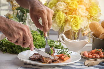 lamb steak on white plate