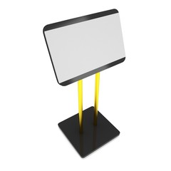 LCD Screen Stand. Trade Show Booth. 3d render of tv info kiosk isolated on white background. High Resolution. Ad template for your expo design.