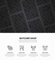 Butcher's shop concept with thin line icons: meat steak, beef, pork, mutton, BBQ, chicken, burger, cutting board, meat knives. Modern vector illustration, web page template.