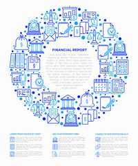 Financial report concept in circle with thin line icons: bank, financial analytics, calculate, signature, email, presentation, bank check, audit. Modern vector illustration, print media template.