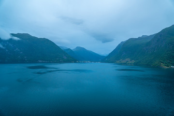 geiranger fjord norway seen from a cruise ship early in the morning