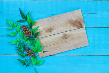 Blank wooden sign with leaves and berries border hanging on antique rustic teal blue background.