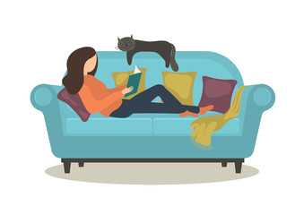 Young woman reading book on sofa on white background. Vector illustration.