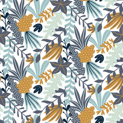 Modern seamless pattern with leaves and floral elements. Autumn pattern design. Good for printing. Vector wallpaper.
