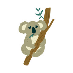 Illustration of Cute Koala Bear sits on the tree and eats leaves. Creative kids print. Vector hand drawn illustration.