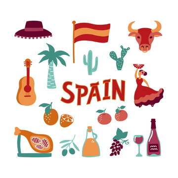 Collection Hand Drawn Symbols Of Spain. Culture, Food And Natural Signs. Vector Clipart.