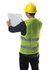 Construction concept,Asian Engineer working with drawings paper isolated on white