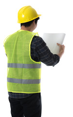 Construction concept,Asian Engineer working with drawings paper isolated on white