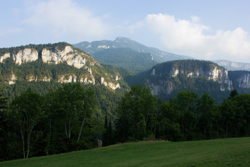 Fototapeta na wymiar Hügelige grüne hochtallandschaft im Westen der französischen Alpen