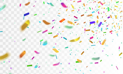 Stock vector illustration realistic colorful confetti, glitters Isolated on a transparent checkered background. Festive, party background. Holiday decorative tinsel element for design EPS10