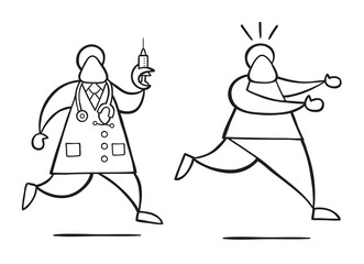 Vector cartoon doctor man with stethoscope and running, holding syringe ready for injection and patient scared and running away