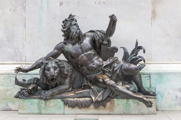 Statue of Louis. In the centre of Place Bellecour(Lyon-France) stands an equestrian statue of King Louis XIV, erected by Lemot in 1825. Detail of the monument to King Louis XIV