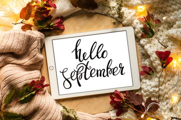 The tablet says the word hello September with red leaves and a dais on the wooden background. Concept of the autumn. View from above. © nastyaofly