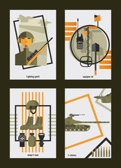 Vector set with flat army cards design templates about armour, soldier and victory celebration