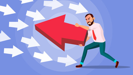 Businessman Pushing Arrow Vector. Opposite Direction. Strategy Concept. Standing Out From The Crowd. Opponent. Against Obstacles. Cartoon illustration