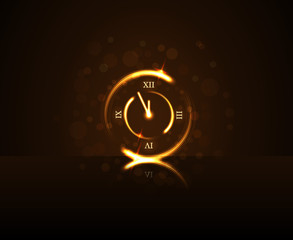 Happy New Year background. Magic gold clock countdown five minute time. Golden decoration card, greeting. Christmas, New Year night glitter clock. Design shiny, sparkle. Vector illustration
