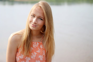 portrait beauty girl on beach. smilling young woman