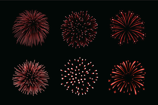 Beautiful red fireworks set. Bright fireworks isolated black background. Light red decoration fireworks for Christmas, New Year celebration, holiday festival, birthday card. Vector illustration
