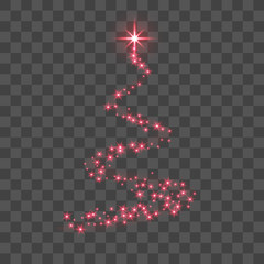 Stylized red Christmas tree as symbol of Happy New Year holiday or Merry Christmas celebration. Bright Christmas tree star. Design for card. Black transparent background. Vector illustration