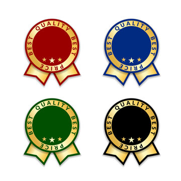 Ribbon award best price labels set. Gold ribbon award icons isolated white background. Best quality golden label for badge, medal, best choice, price, guarantee product. Vector illustration